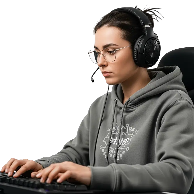 Een vrouwelijke gamer met headset en bril typt op een toetsenbord en is geconcentreerd op het spelen van games of werk in een moderne game- of esportsomgeving.