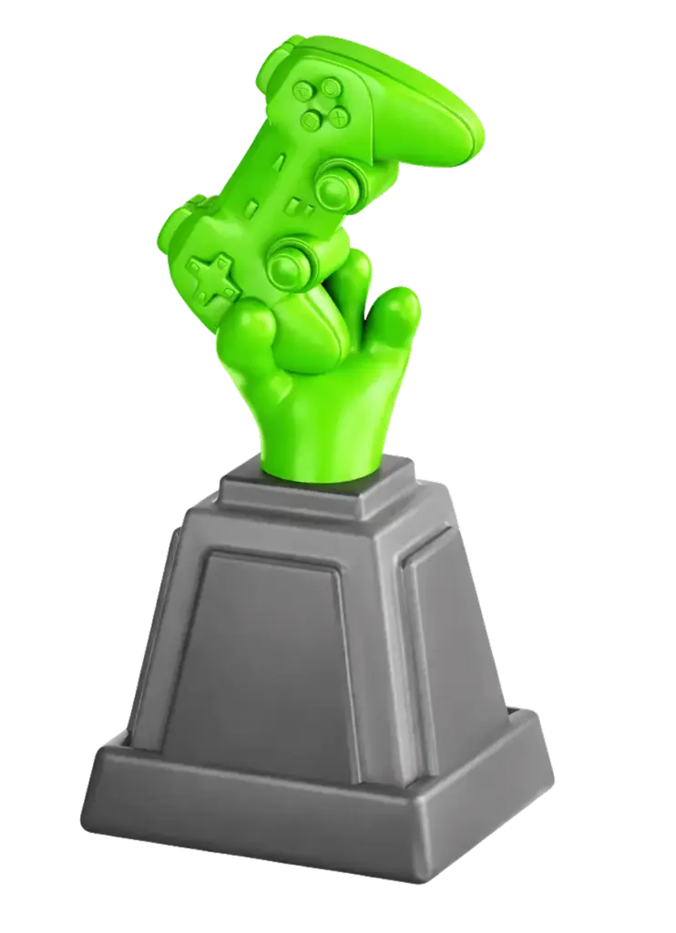 Een gamingtrofee in de vorm van een controller die door een hand op een voetstuk wordt vastgehouden, symbool voor overwinning, prestatie en succes in esports- of gamingcompetities.